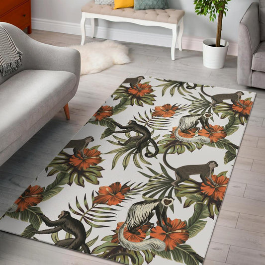 Monkey red hibiscus flower palm leaves floral pattern Area Rug