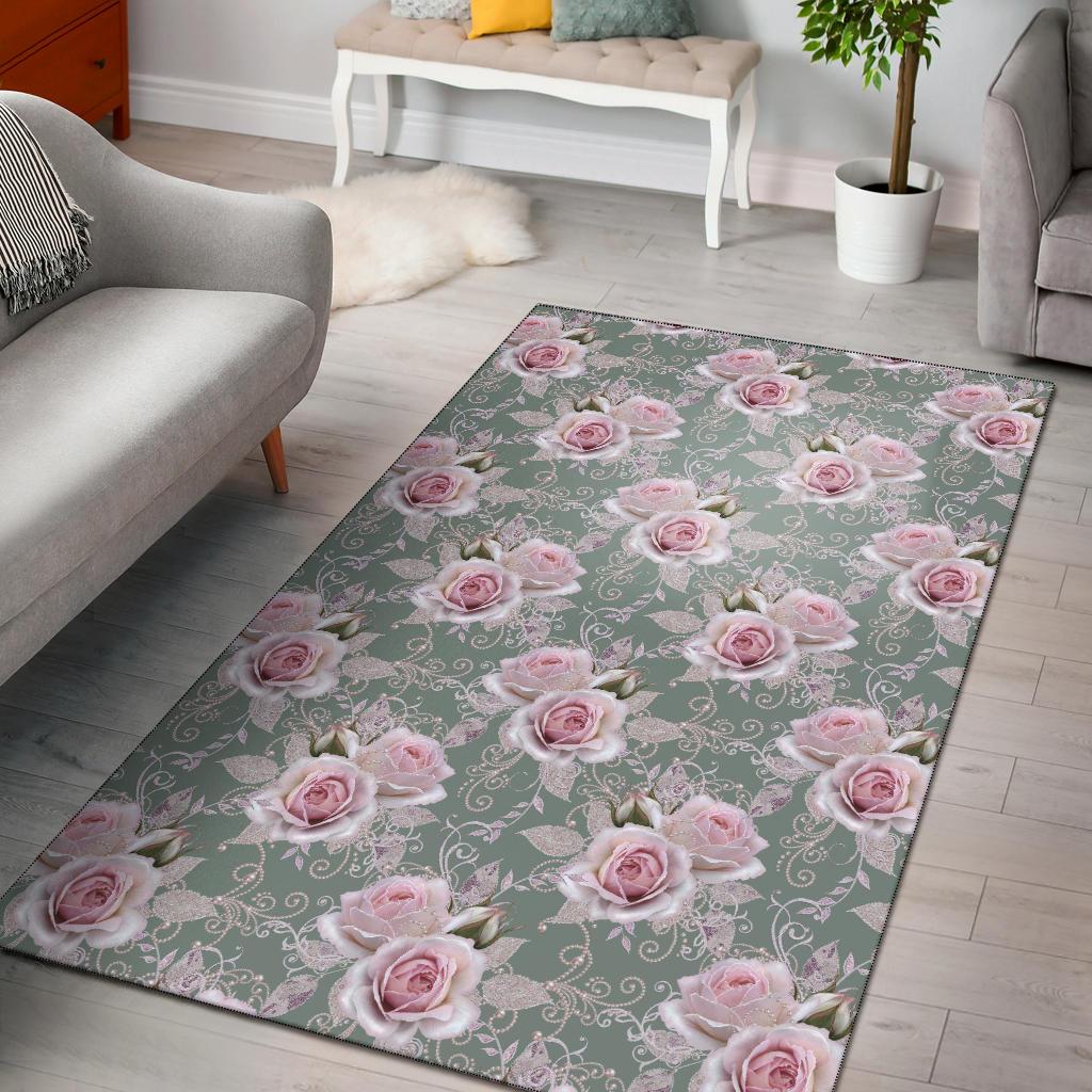Rose White Pattern Print Design RO012 Area Rugs