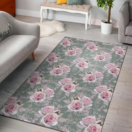 Rose White Pattern Print Design RO012 Area Rugs
