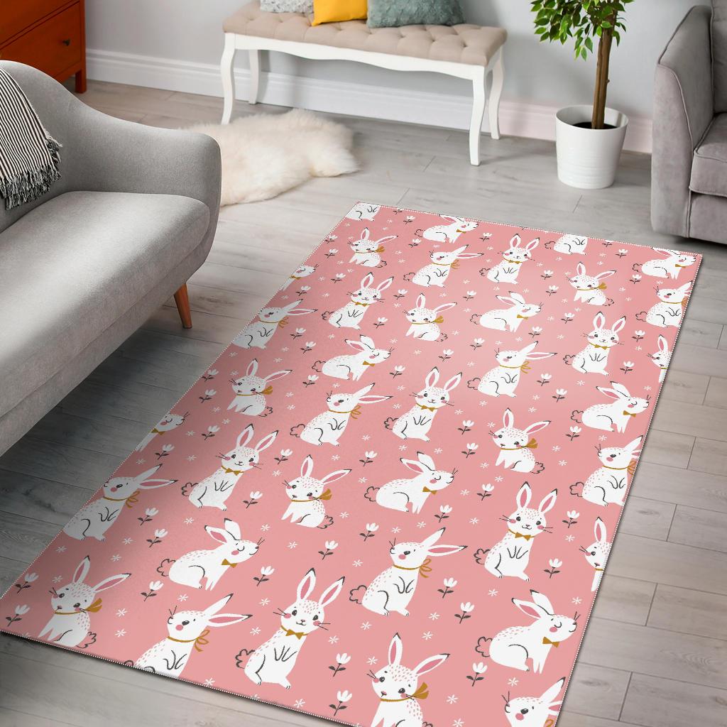 Cute white rabbit flower pink background Area Rug