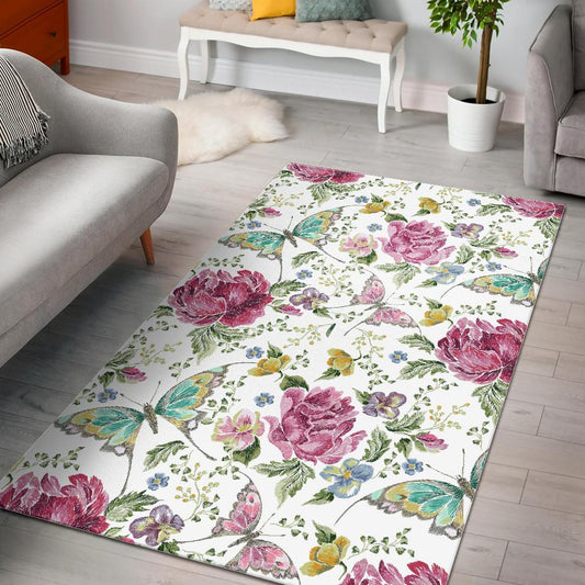 Hand drawn butterfly rose Area Rug