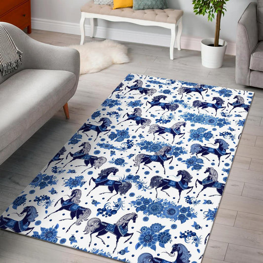 Horse Flower Blue Theme Pattern Area Rug