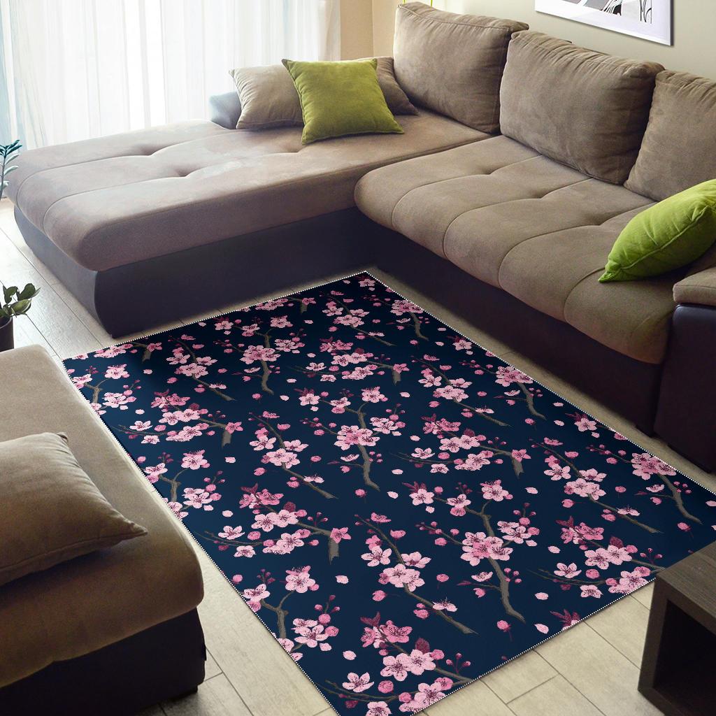 Pink sakura cherry blossom blue background Area Rug