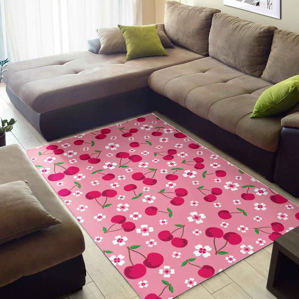 cherry flower pattern pink background Area Rug