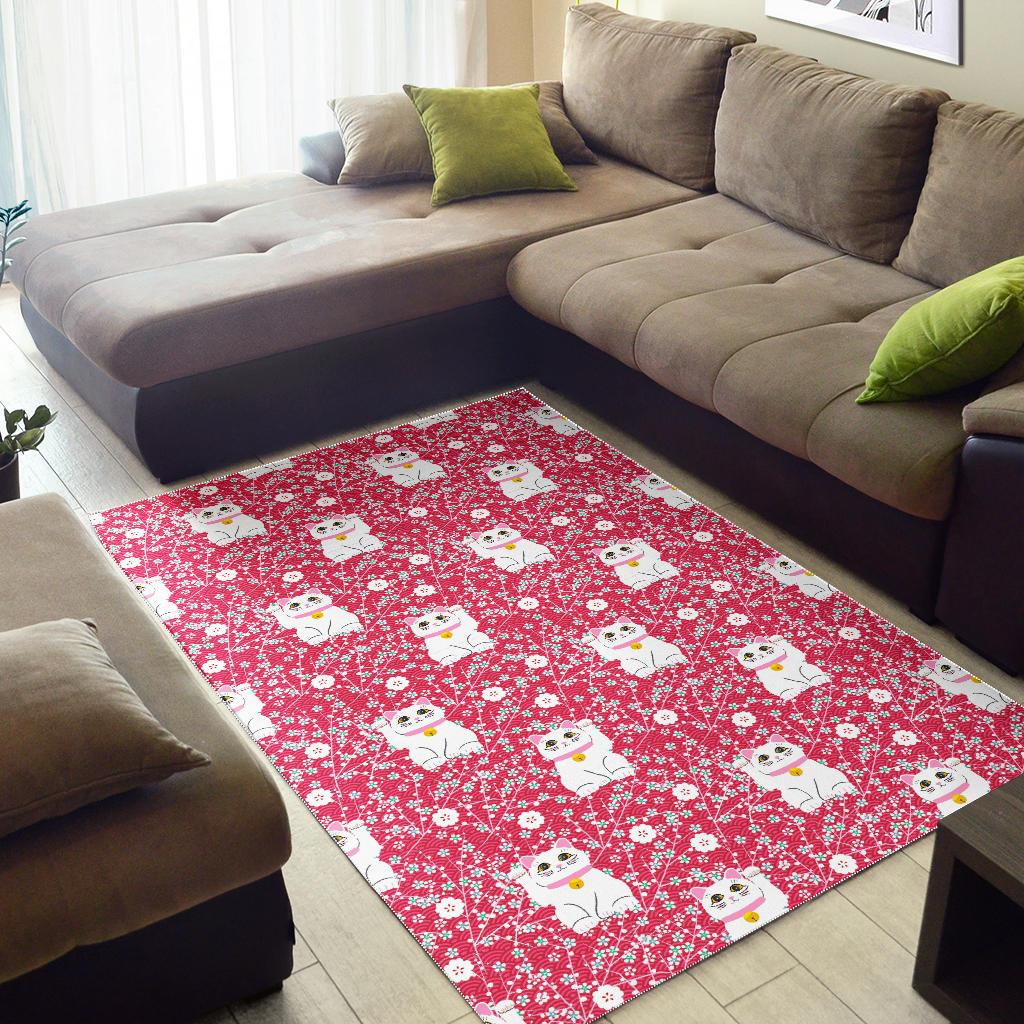 Maneki Neko Lucky Cat sakura pink background Area Rug