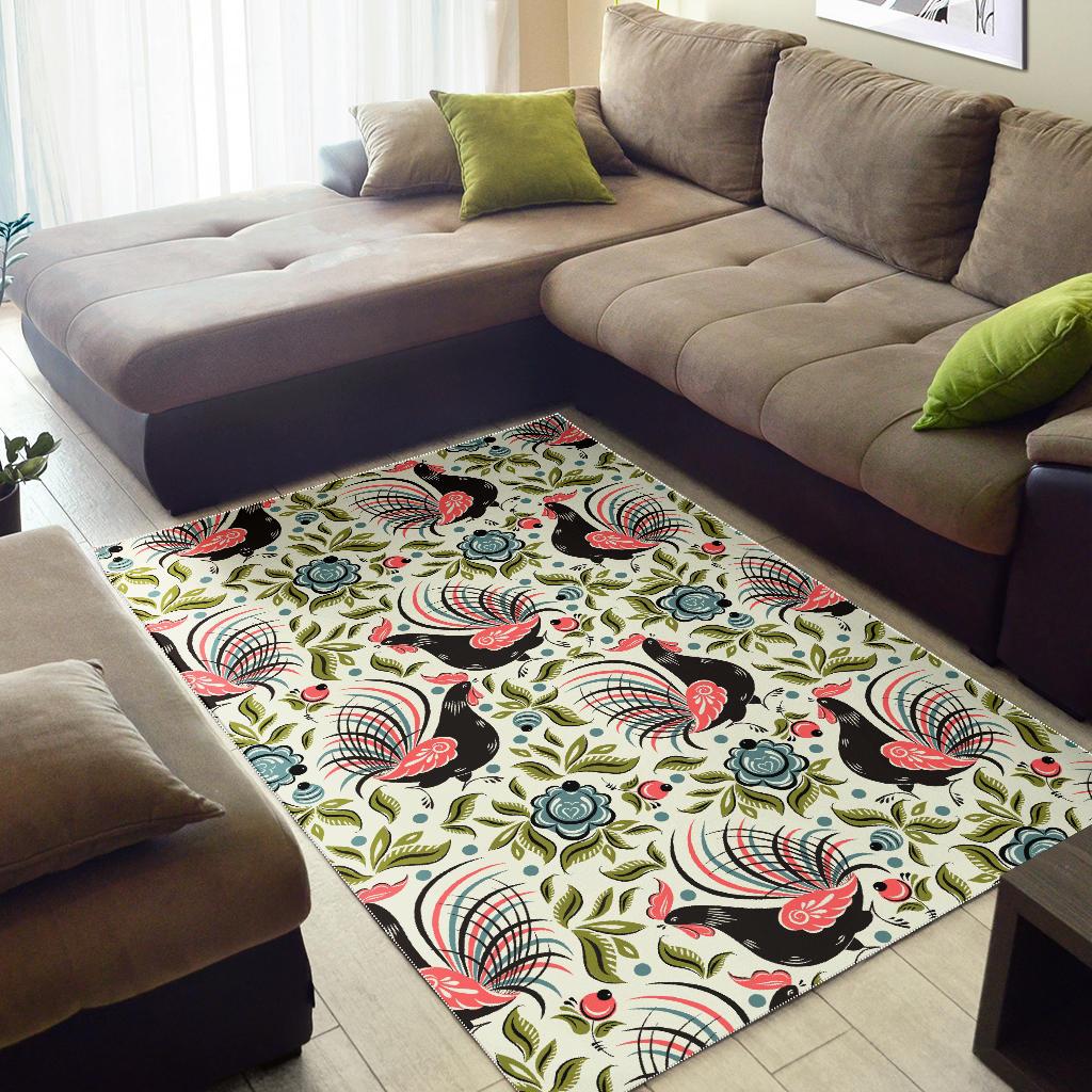 Rooster Chicken Leaves Pattern Area Rug