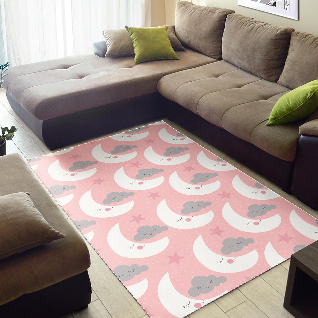 Cute moon cloud star pattern pink dot background Area Rug