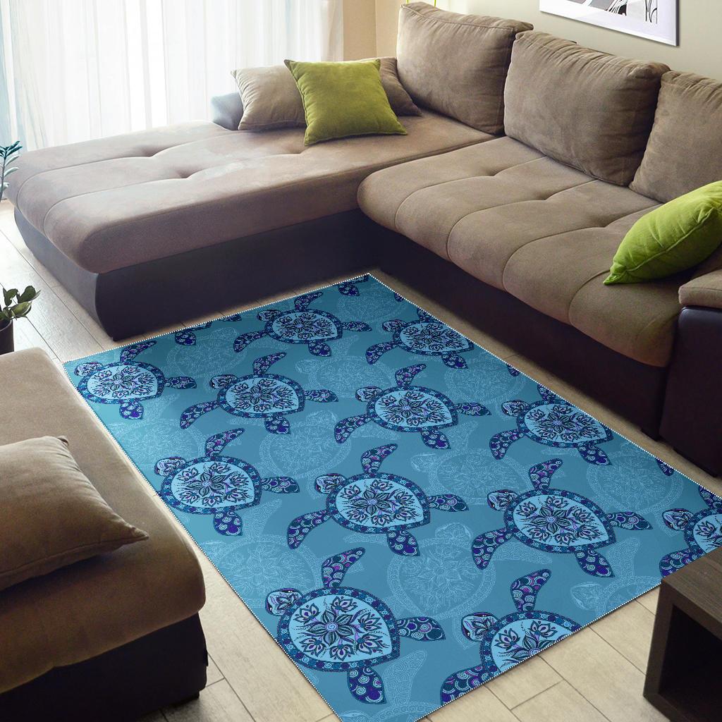 Sea Turtle Blue Tribal Pattern Area Rug