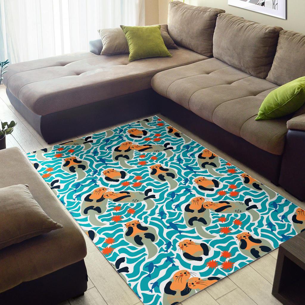 Cute sea otters fishe sea urchin pattern Area Rug