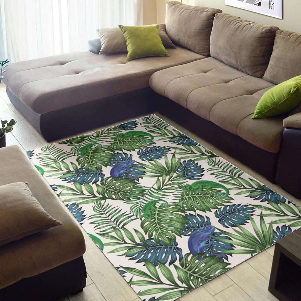 Green Blue Chameleon Lizard Leaves Pattern Area Rug