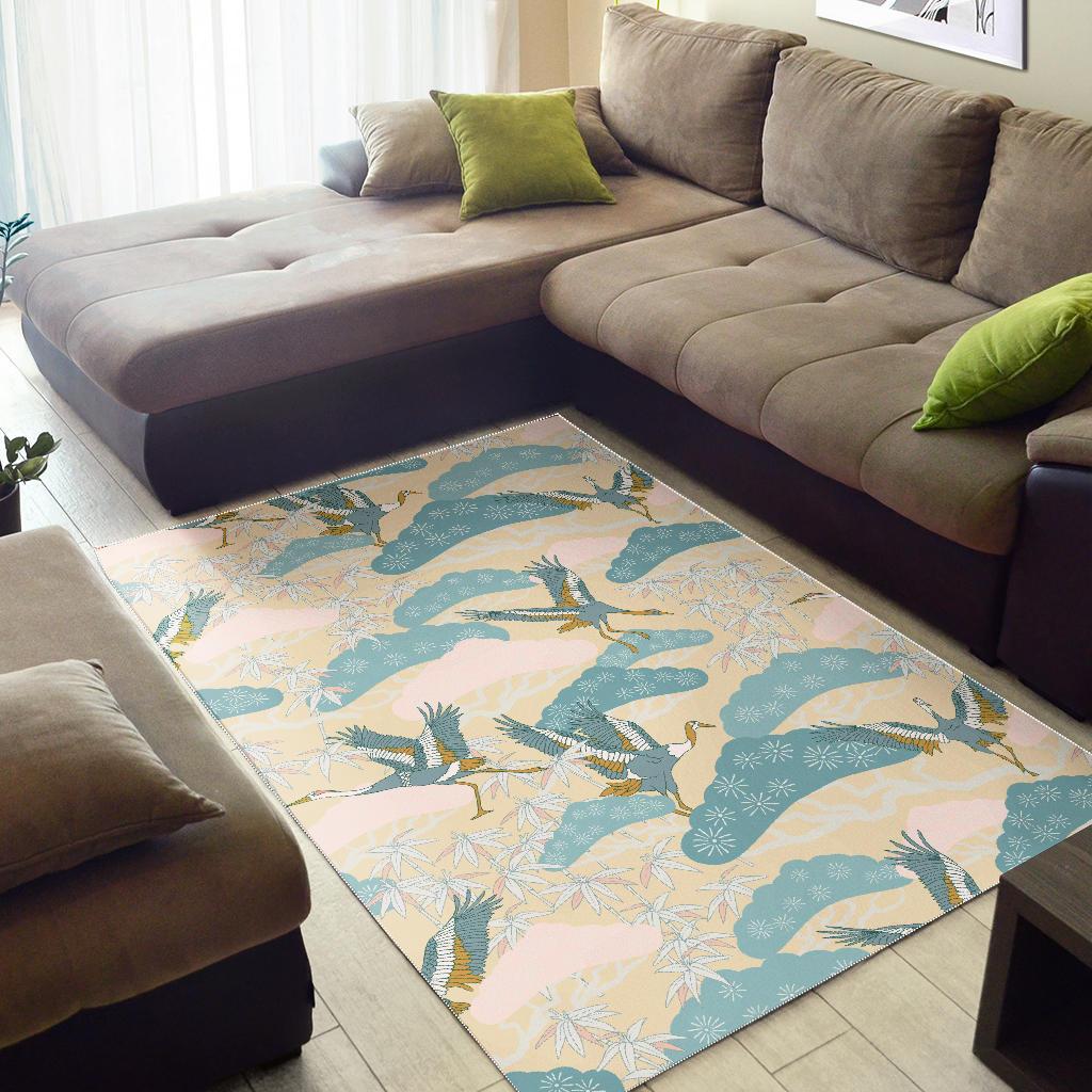Bonsai bamboo stork japanese pattern cream theme Area Rug