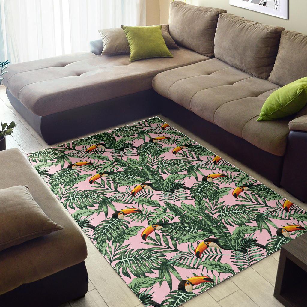 Toucan tropical green jungle palm pattern Area Rug