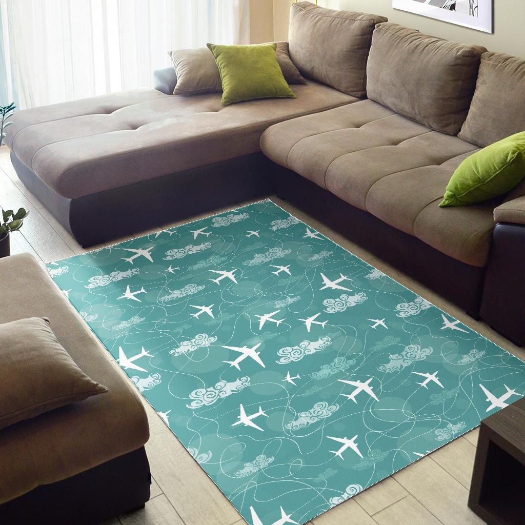 Airplane Cloud Pattern Green Background Area Rug