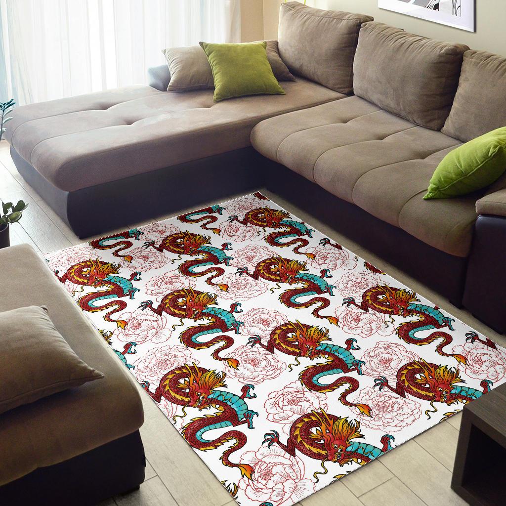 Red Dragon Hibiscus Pattern Area Rug