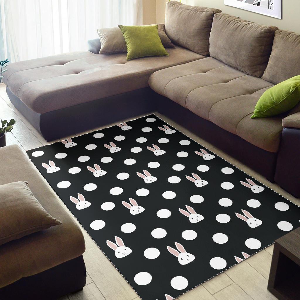 Cute white rabbit polka dots black background Area Rug