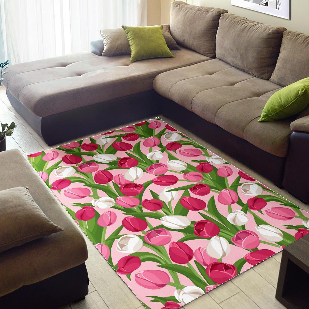 Pink White Tulip Pattern Area Rug