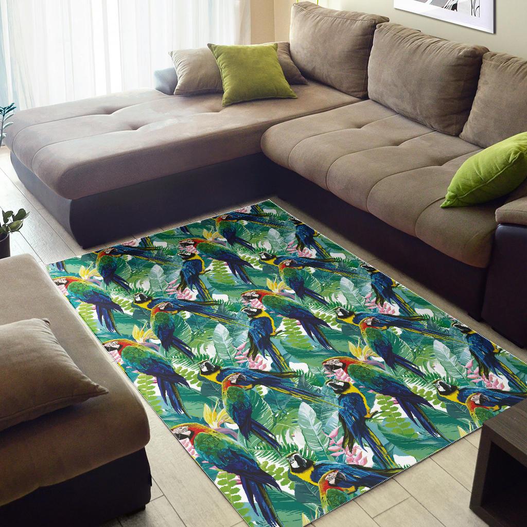 Colorful parrot exotic flower leaves Area Rug