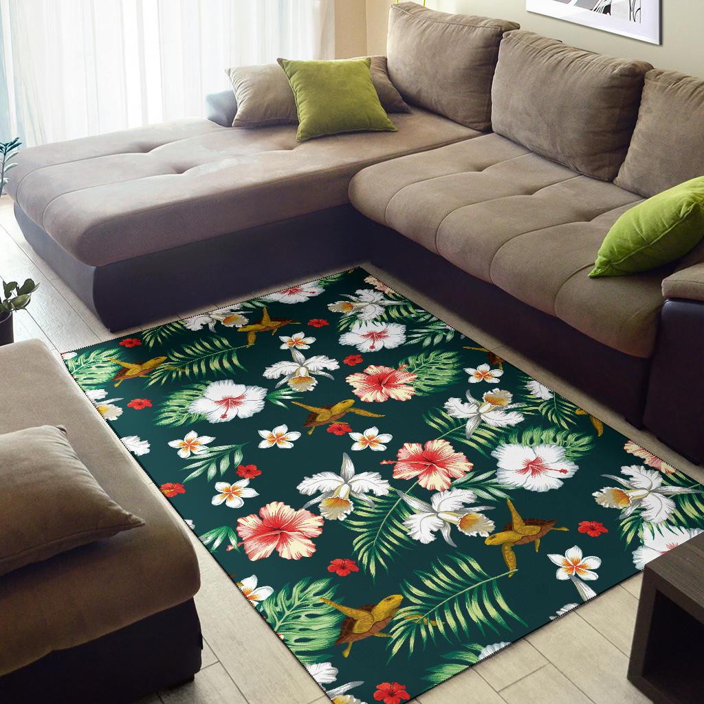 Hawaiian Flower Design with SeaTurtle Print Area Rugs
