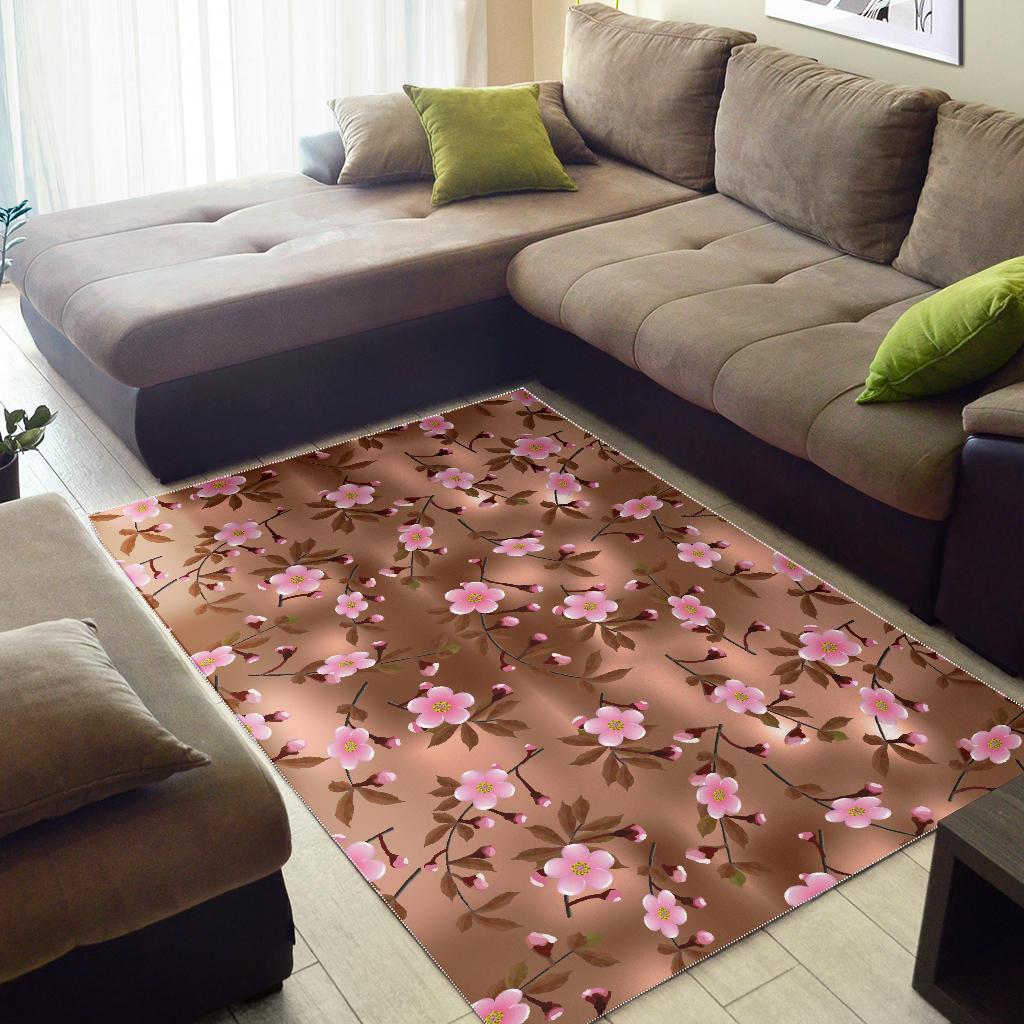 Pink sakura cherry blossom drak brown background Area Rug