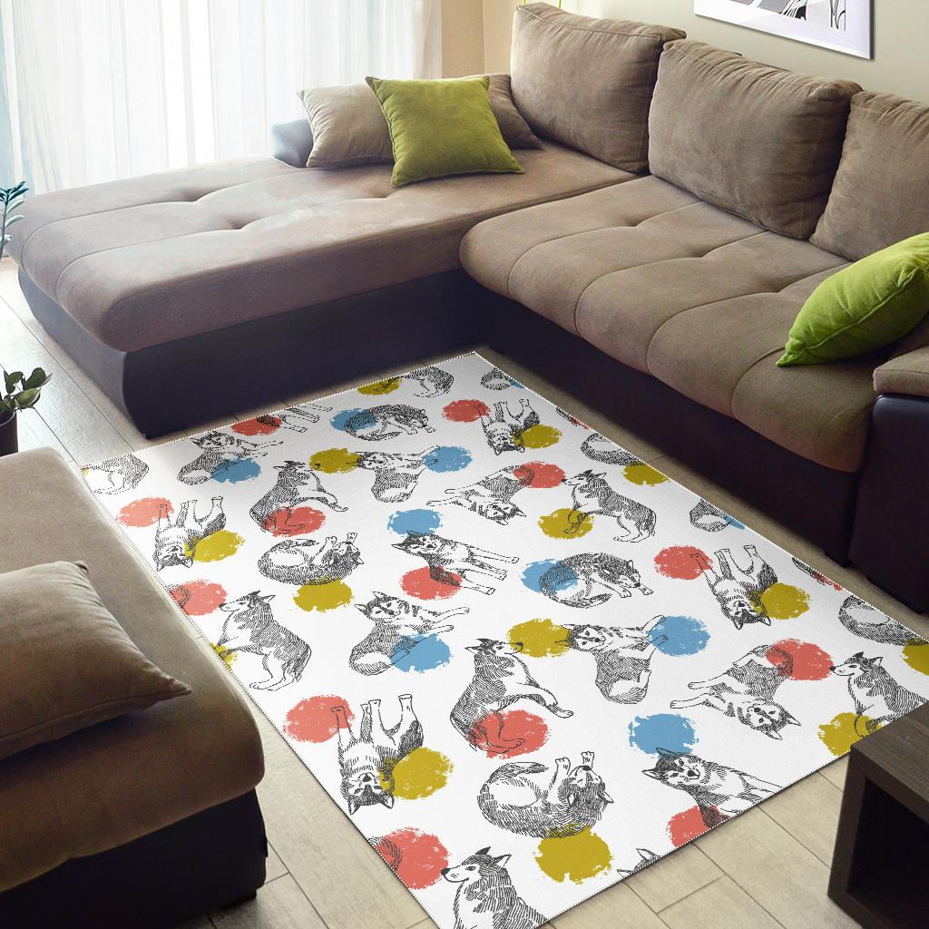 Siberian husky and colorful circle pattern Area Rug