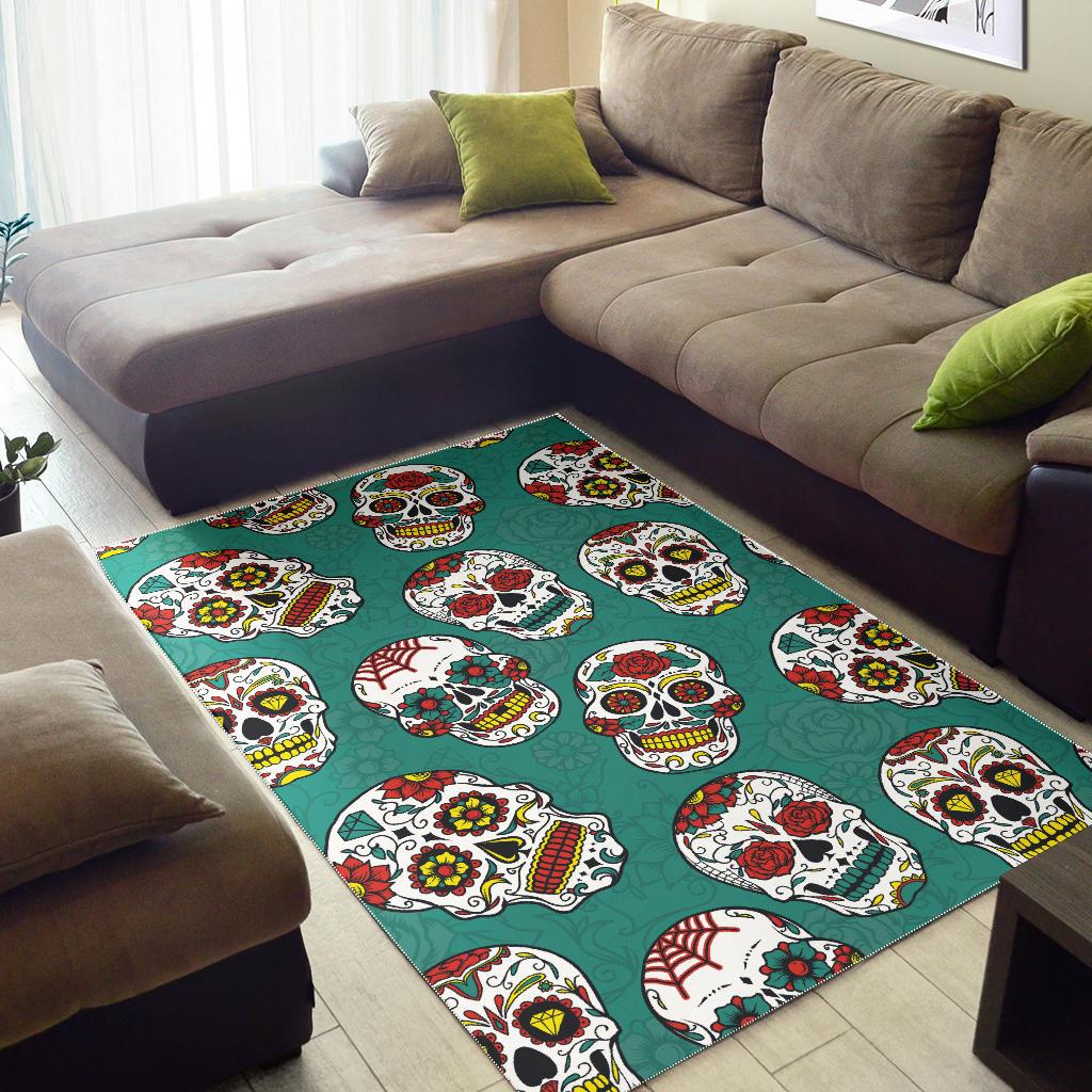Suger Skull Pattern Green Background Area Rug
