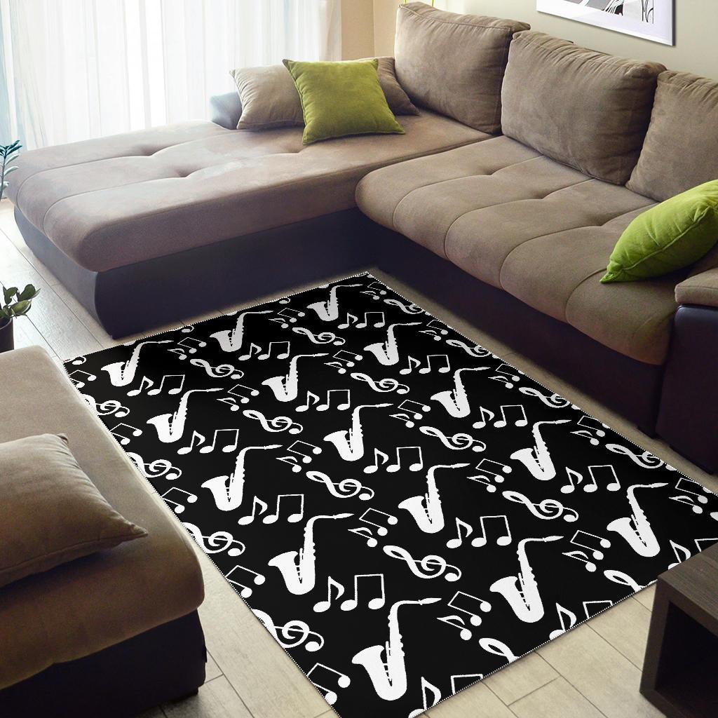 Saxophone music notes treble clef black white theme Area Rug