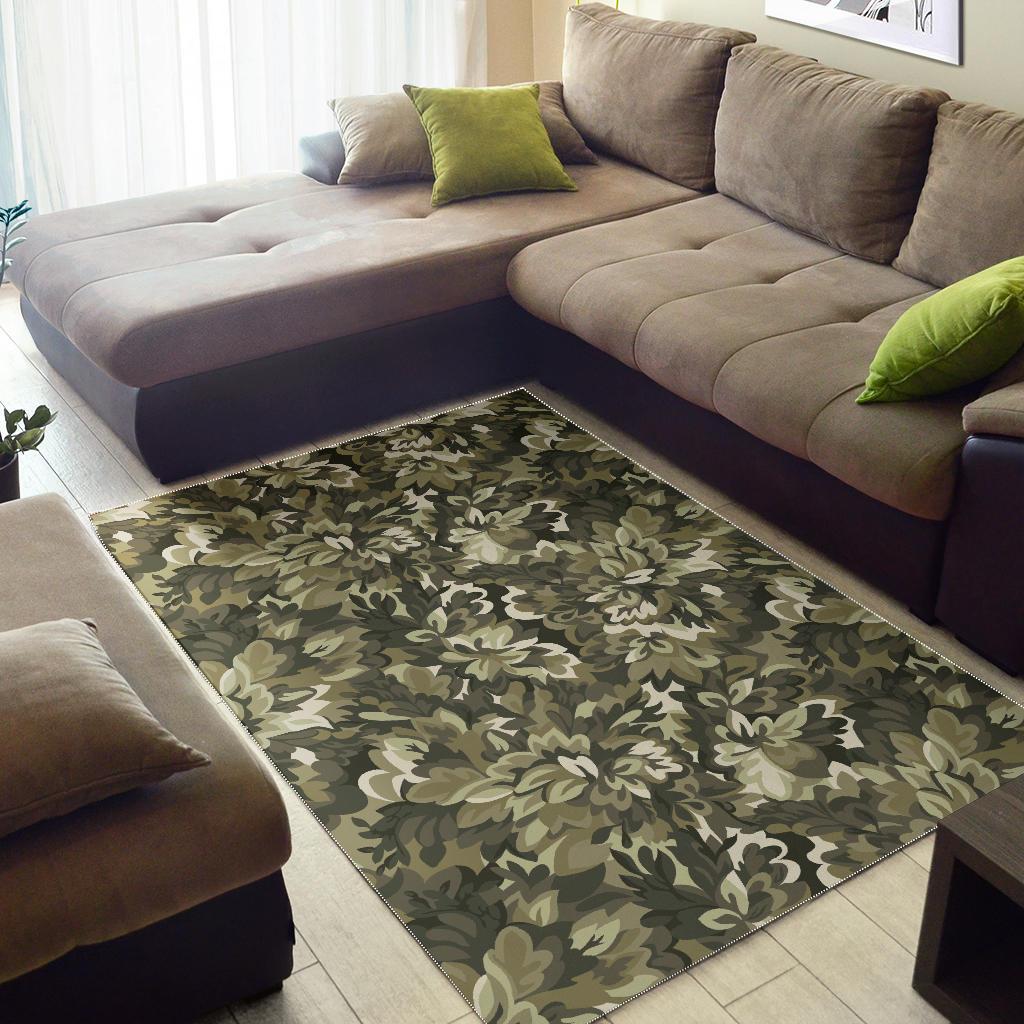 Green Camo Camouflage Flower Pattern Area Rug