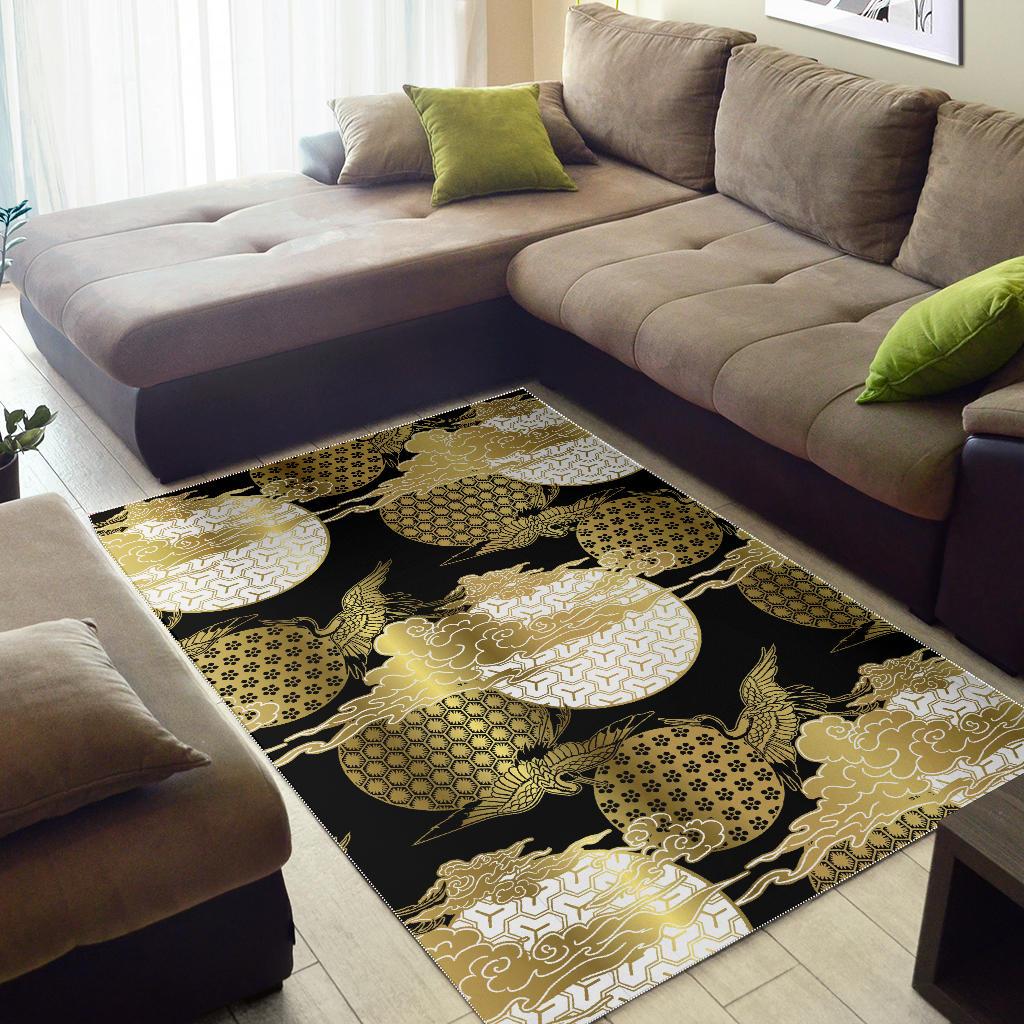 Gold Could Crane Japanese Pattern Area Rug