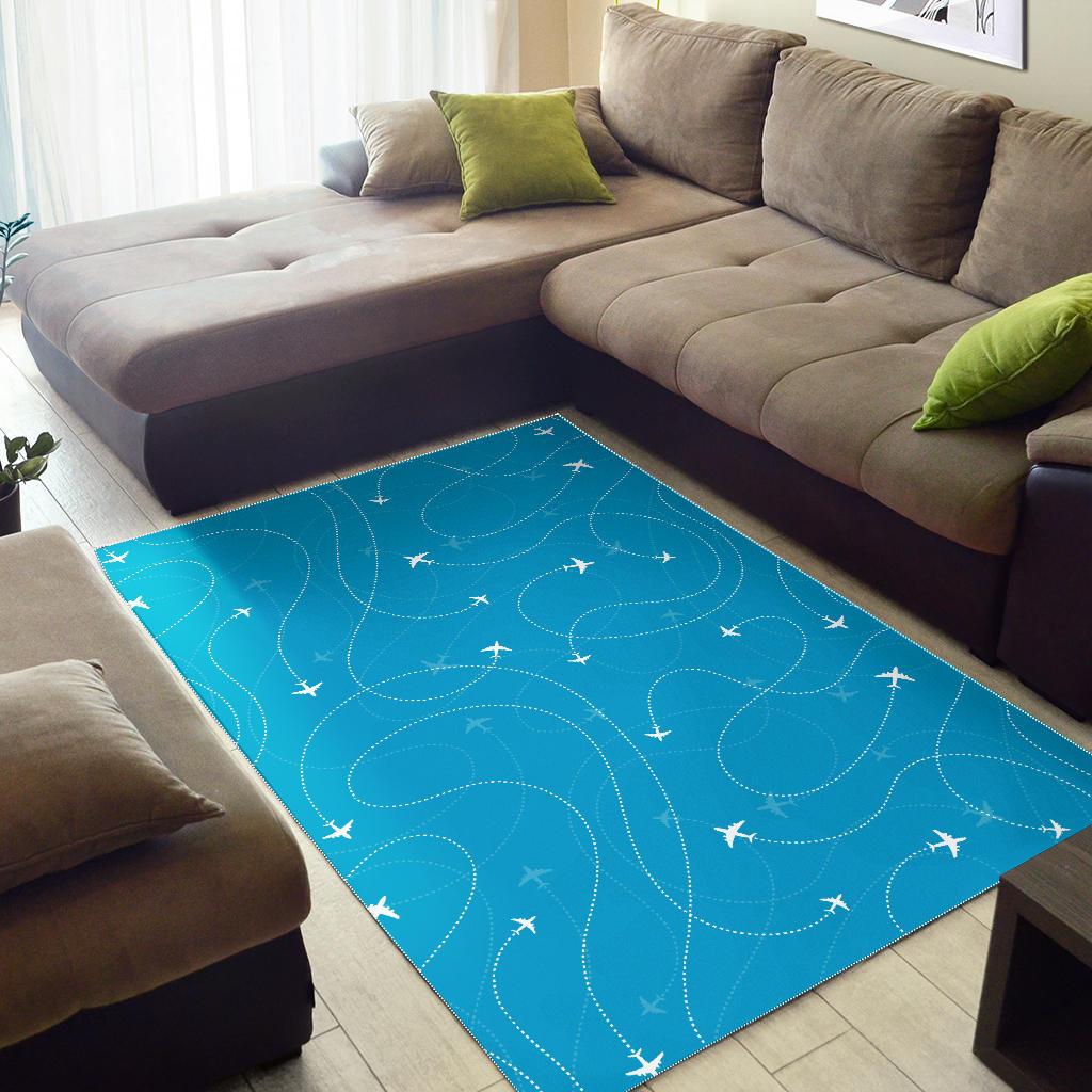 Airplane destinations blue background Area Rug
