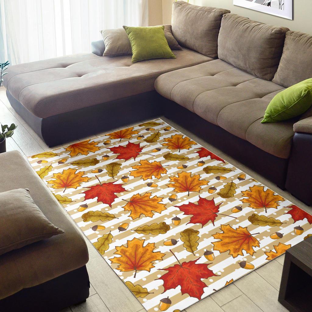 Maple leaf oak leaf acorns beige striped background Area Rug