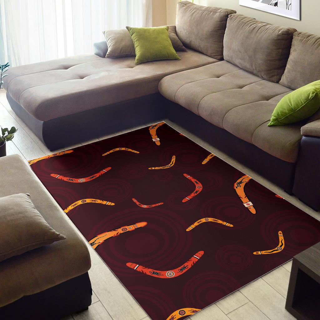 Boomerang Australian aboriginal ornament circle black background Area Rug