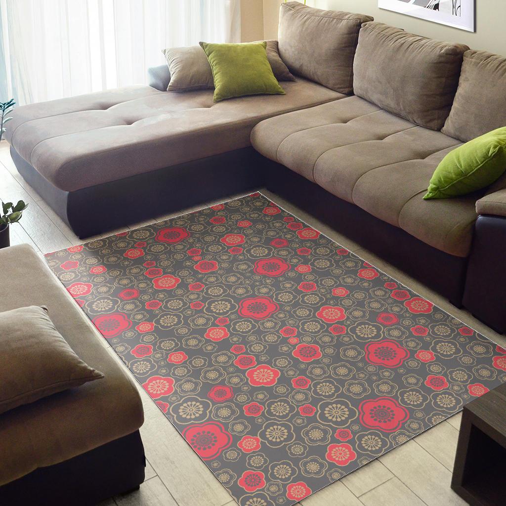 Red gold Sakura cherry blossom gray background Area Rug