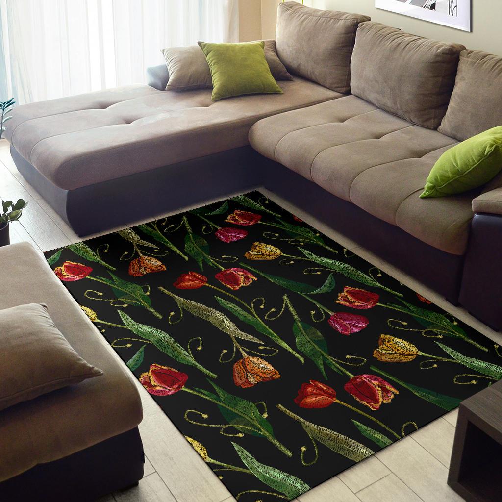 Tulip Embroidered Pattern Print Design TP01 Area Rugs