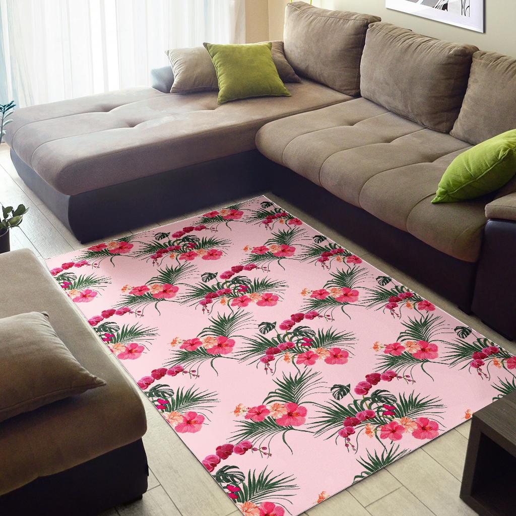 Red Pink Orchid Hibiscus Pattern Area Rug