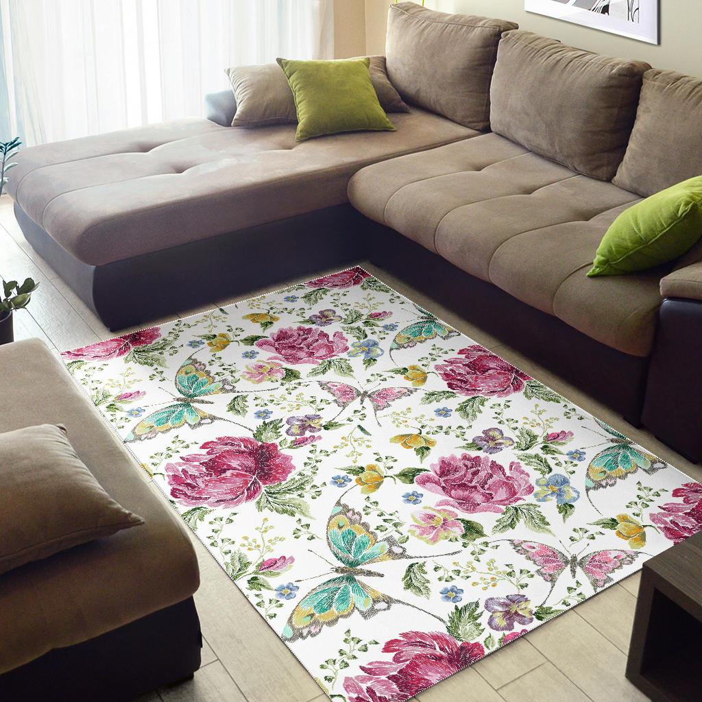 Hand drawn butterfly rose Area Rug