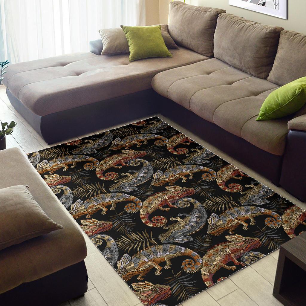 Chameleon lizard tropical leaves palm tree Area Rug