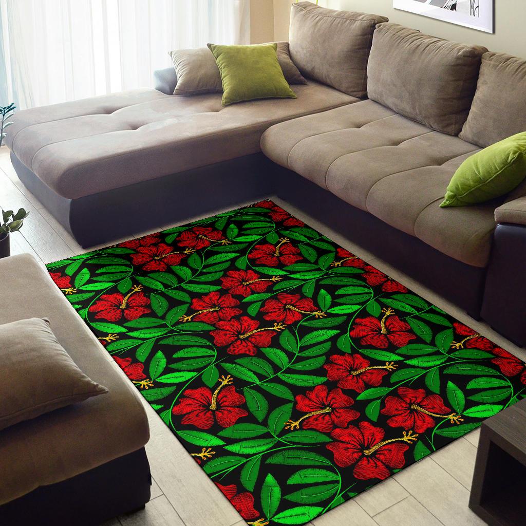 Red Hibiscus Embroidered Pattern Print Design HB032 Area Rugs