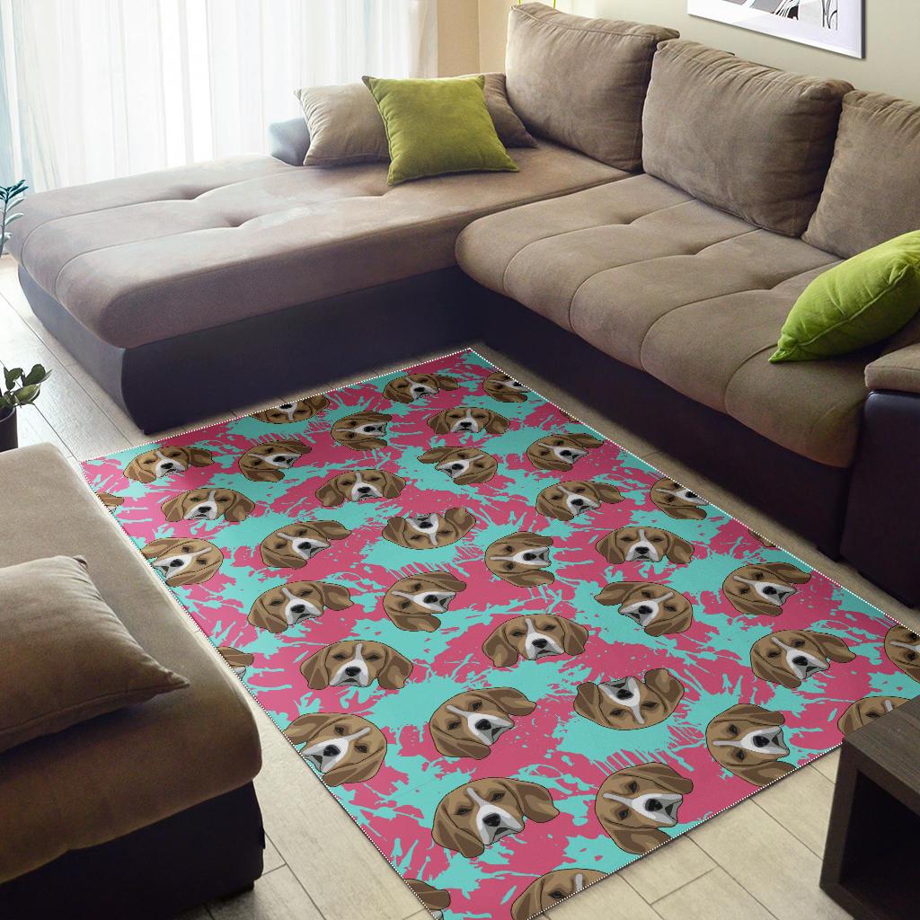 Beagle muzzles turquoise paint splashes pink pattern Area Rug