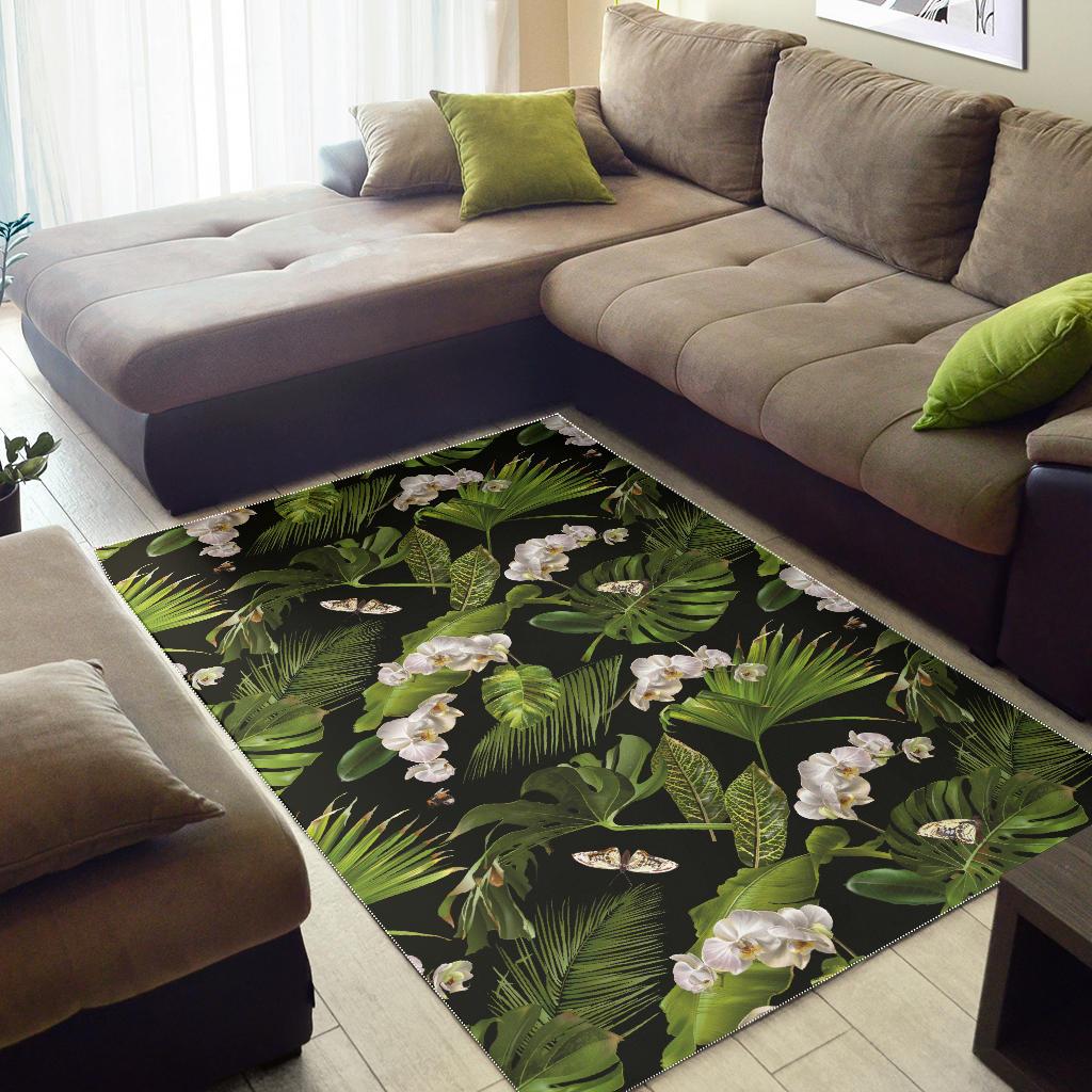 White orchid flower tropical leaves pattern blackground Area Rug