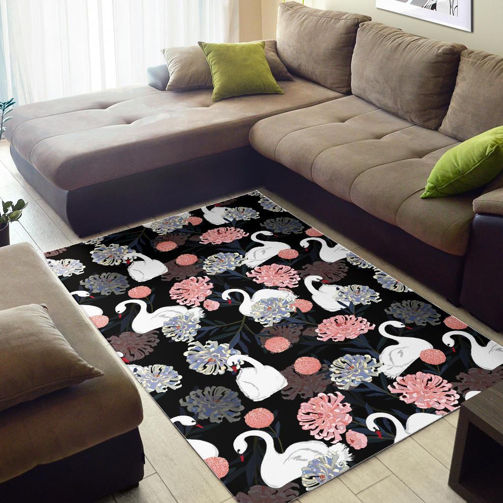 white swan blooming flower pattern Area Rug