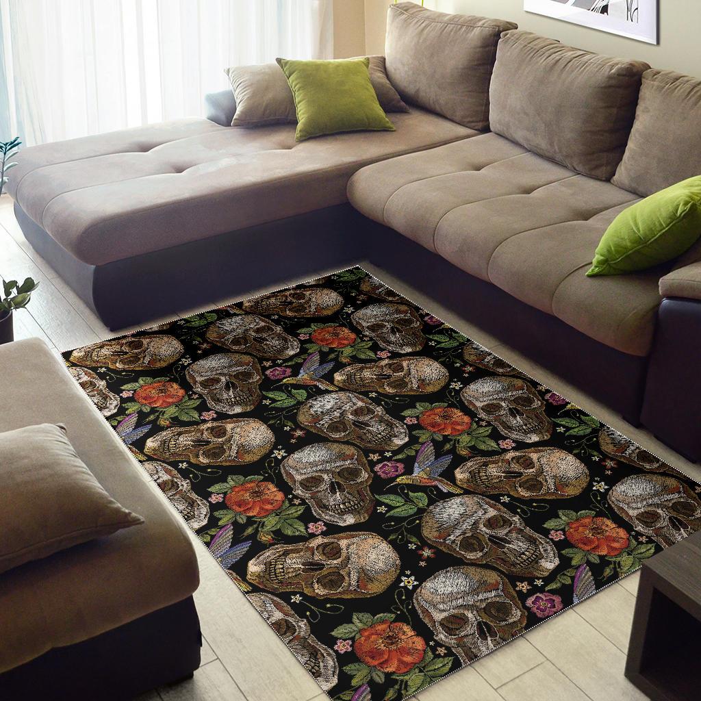 Skull rose humming bird flower pattern Area Rug