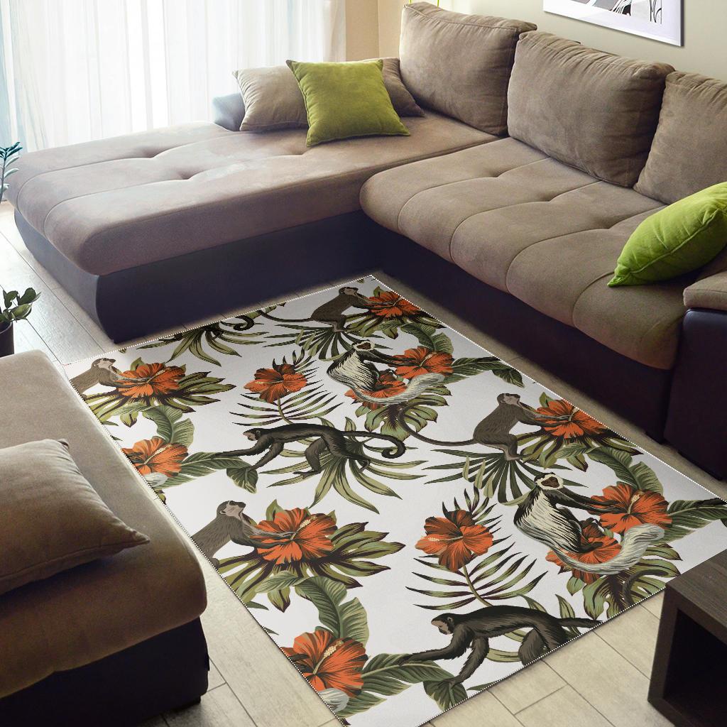 Monkey red hibiscus flower palm leaves floral pattern Area Rug