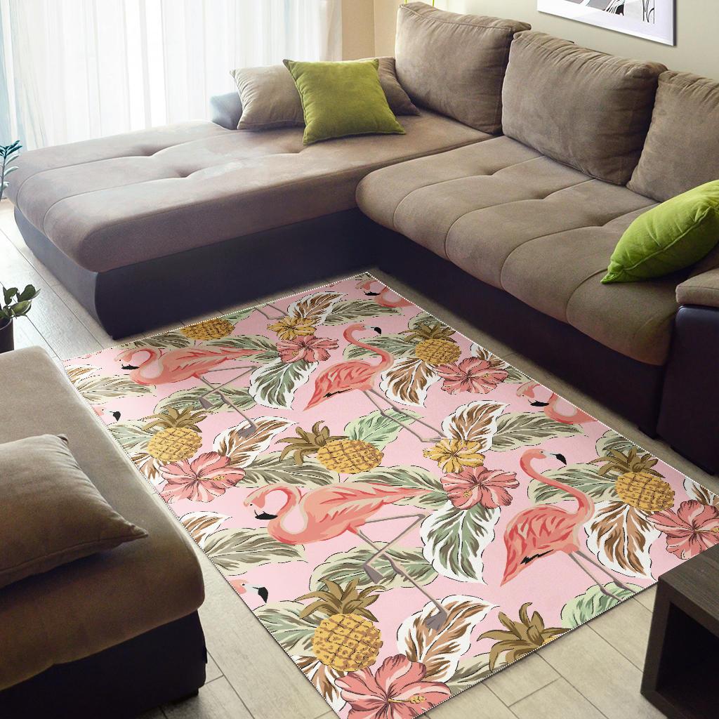 Pink flamingo birds pineapples hibiscus flower pattern Area Rug
