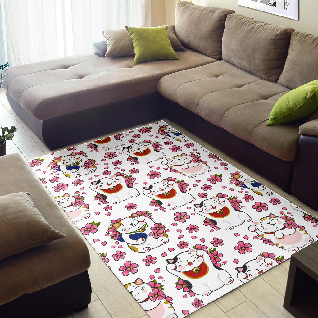 Meneki Neko Lucky Cat Sakura Flower Pattern Area Rug