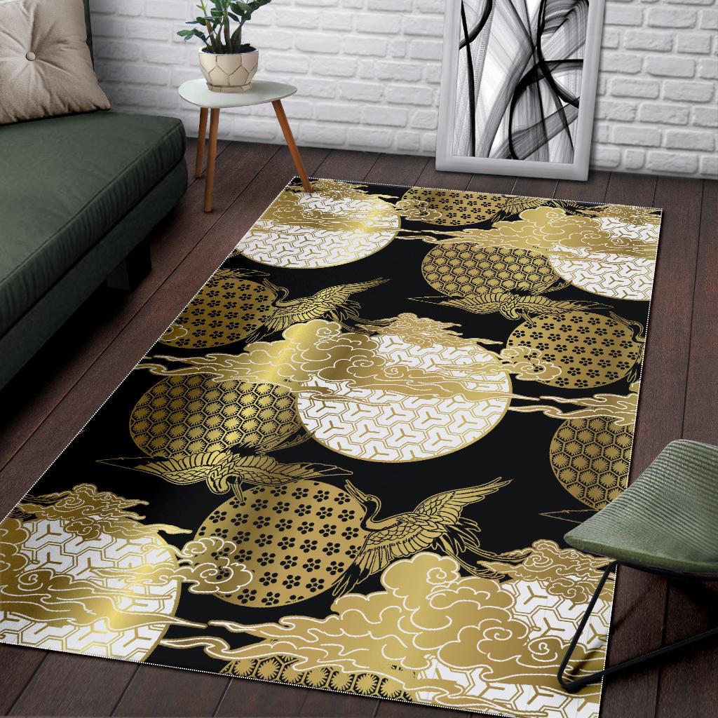 Gold Could Crane Japanese Pattern Area Rug