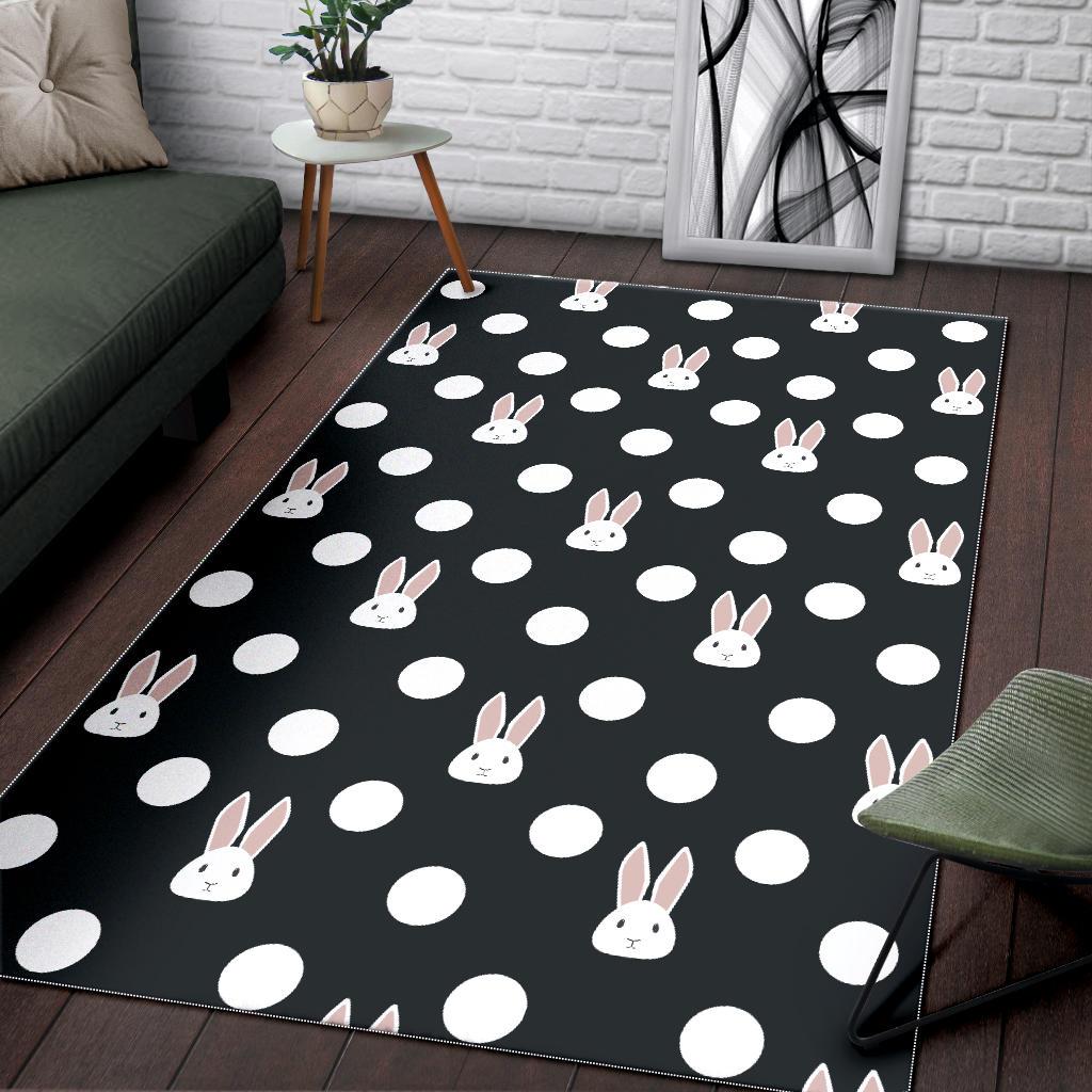 Cute white rabbit polka dots black background Area Rug