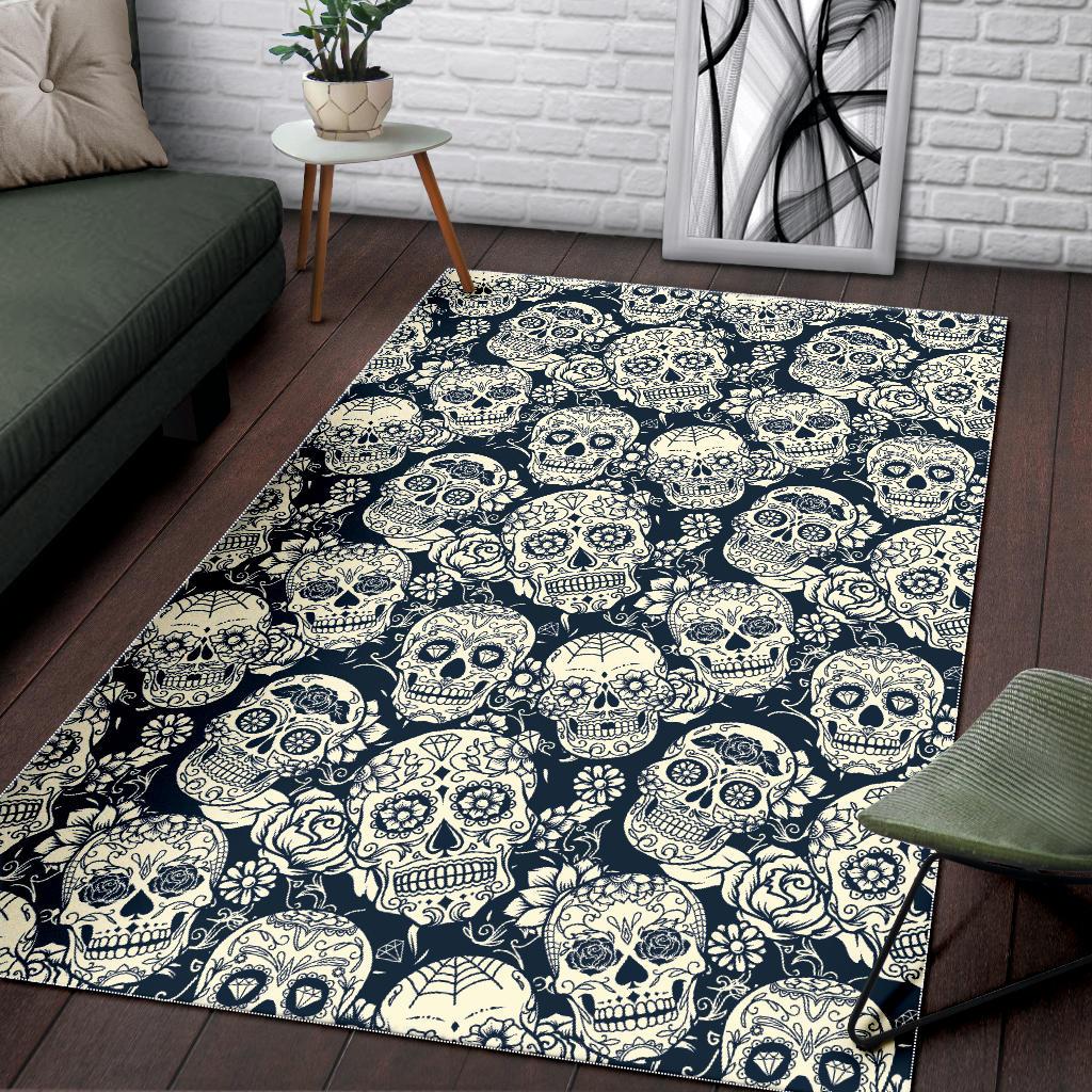 Sugar skull black white pattern Area Rug