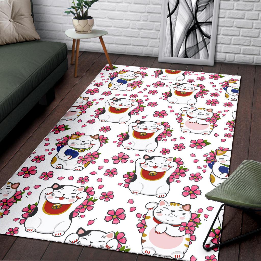 Meneki Neko Lucky Cat Sakura Flower Pattern Area Rug