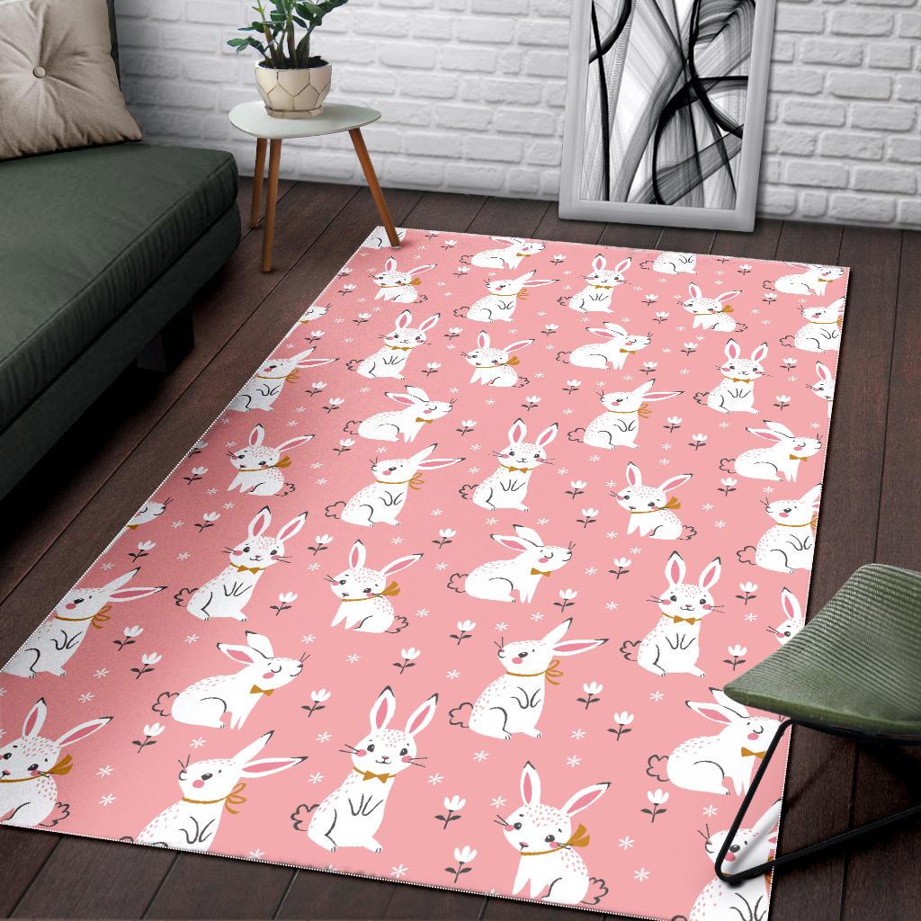 Cute white rabbit flower pink background Area Rug