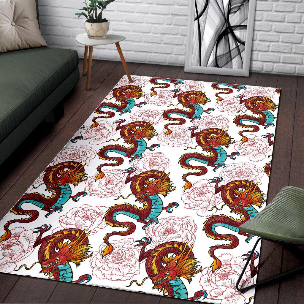 Red Dragon Hibiscus Pattern Area Rug